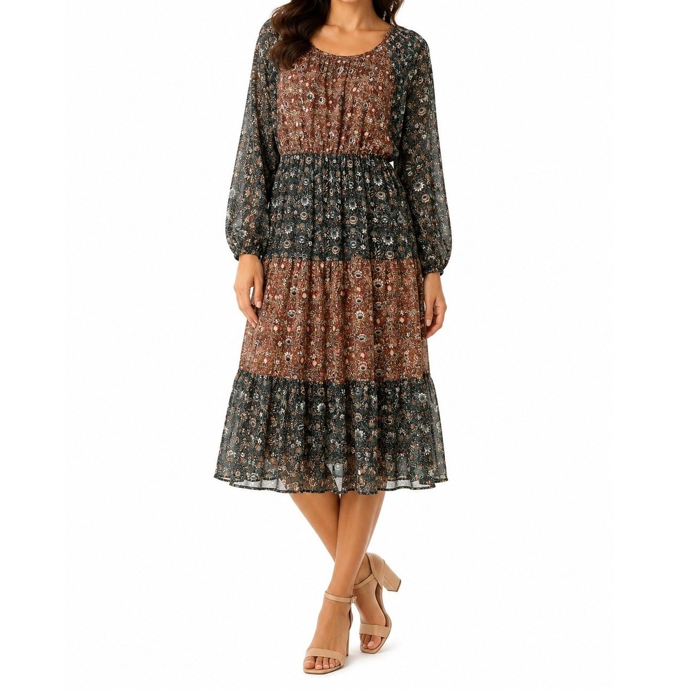 *NWOT* Ces‎ Femme Tiered Midi Dress Womens Small Brown Green Floral Lurex Boho